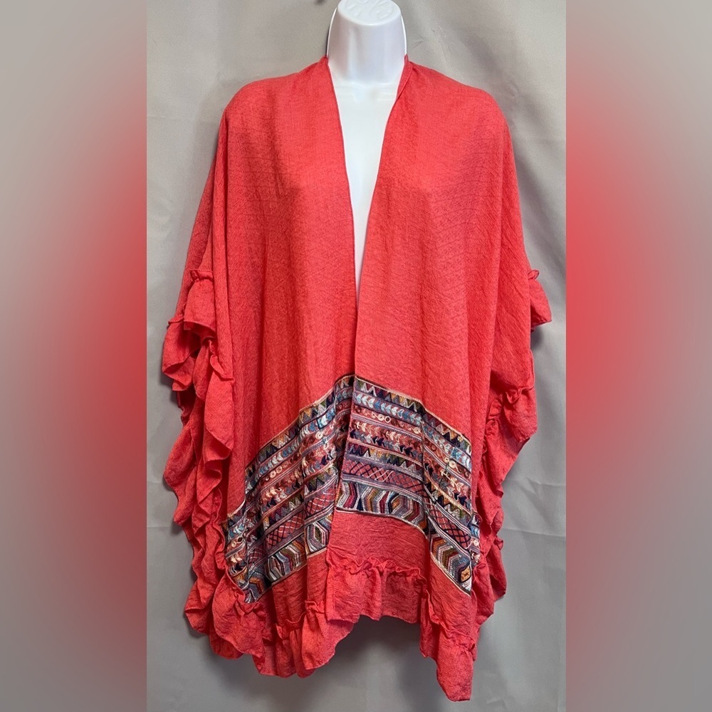 Coral‎ Orange White Tribal Embroidered Fringe Poncho Shawl Wrap